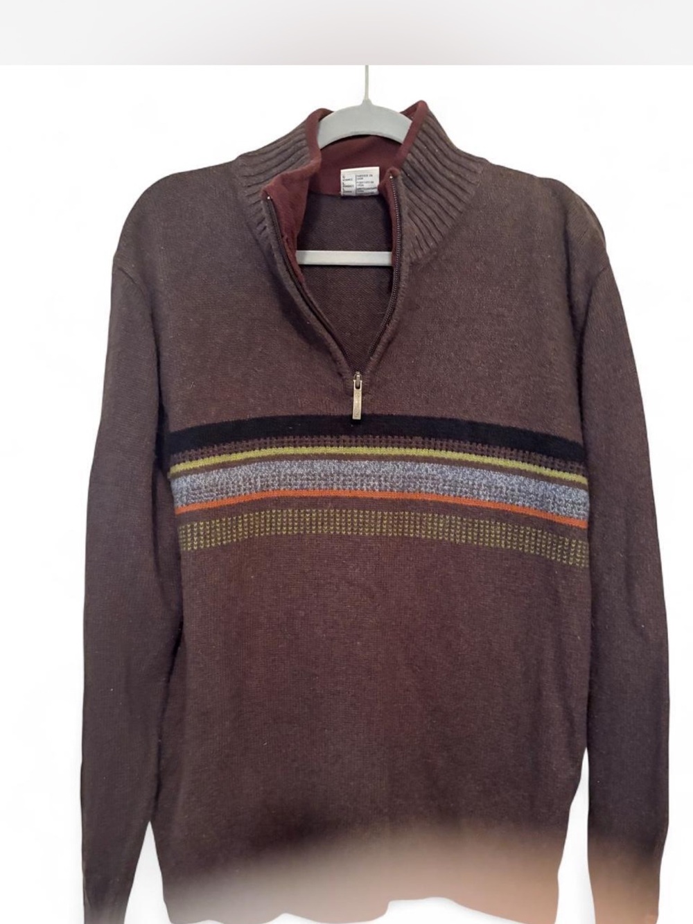 Men's Brown Zip-Neck Sweater with Multicolor Stripe